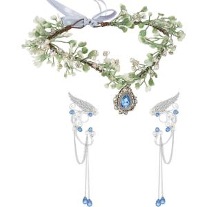 imageSWEETV Fairy Crown Elf Ears Cuffs Set Flower Crown Headpiece Halloween Elves Cosplay Set Renaissance Costume Medieval TiaraSetblue