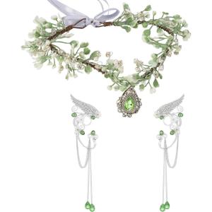 imageSWEETV Fairy Crown Elf Ears Cuffs Set Flower Crown Headpiece Halloween Elves Cosplay Set Renaissance Costume Medieval TiaraSetgreen