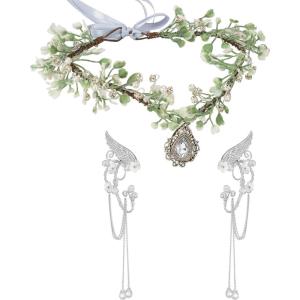 imageSWEETV Fairy Crown Elf Ears Cuffs Set Flower Crown Headpiece Halloween Elves Cosplay Set Renaissance Costume Medieval TiaraSetsilver