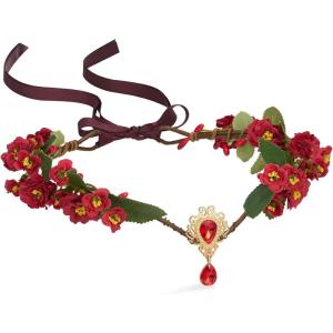 imageSWEETV Fairy Flower Leaf Crowns for Women Elven Princess Tiara Elf Headpiece for Cosplay Halloween Costume Photoshoot WeddingLeafFlowerRed