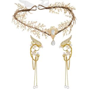 imageSWEETV Fairy Flower Leaf Crowns for Women Elven Princess Tiara Elf Headpiece for Cosplay Halloween Costume Photoshoot WeddingSetLeafGold
