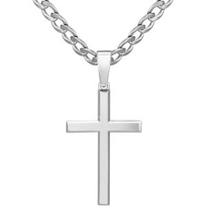 imageSWEETV 18K Gold Over 925 Sterling Silver Cross Necklace for MenWomen Stainless Steel CubanRope Chain Cross Pendant 1820 inch Religious Jewelry Gifts for MenSilver Cuban Chain