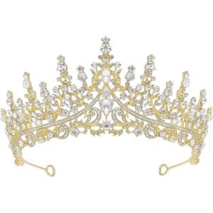 imageSWEETV Crystal Wedding Tiara for Women Royal Queen Crown Headband Rhinestone Princess Hair Accessories for Prom Birthday1GoldTone