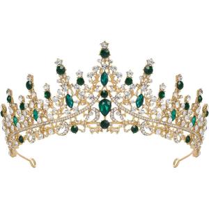 imageSWEETV Crystal Wedding Tiara for Women Royal Queen Crown Headband Rhinestone Princess Hair Accessories for Prom Birthday2Green