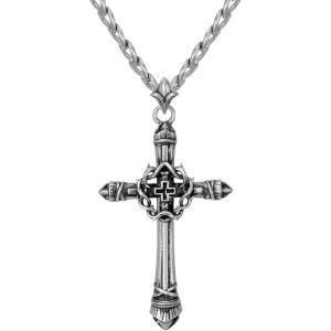 imageSWEETV Designer 925 Sterling Silver Cross Necklace for Men Vintage Chunky Big Cross Pendant with Cuban Chain Amulet Necklace Jewelry Gift for Men A03