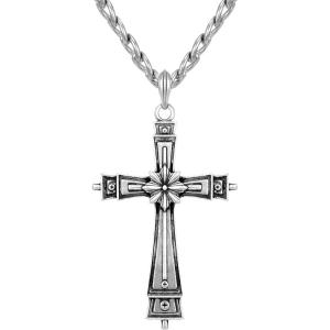 imageSWEETV Designer 925 Sterling Silver Cross Necklace for Men Vintage Chunky Big Cross Pendant with Cuban Chain Amulet Necklace Jewelry Gift for Men A04