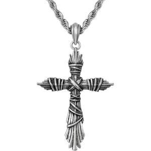 imageSWEETV Designer 925 Sterling Silver Cross Necklace for Men Vintage Chunky Big Cross Pendant with Rope Chain Amulet Necklace Jewelry Gift for Men A01