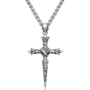 imageSWEETV Designer Oxidized Sterling Silver Cross Necklace for Men Vintage Chunky Big Cross Pendant Amulet Necklace Jewelry Gift for MenA08