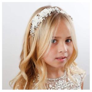 imageSWEETV Flower Girl Headpiece Ivory Tulle Flowers Wedding Headband for Girls Princess Pearl Hair Accessories for Birthday Party First Communion