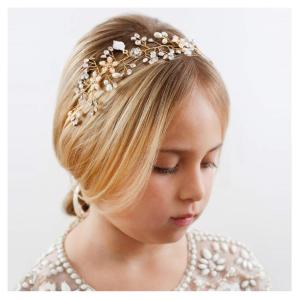 imageSWEETV Flower Girl Headpiece Silver Princess Wedding Headband Baby Girls Flower Pearl Hair Accessories for Birthday Party PhotographyGold
