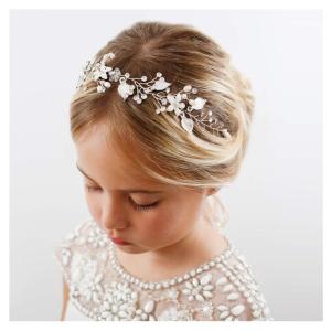 imageSWEETV Flower Girl Headpiece Silver Princess Wedding Headband Baby Girls Flower Pearl Hair Accessories for Birthday Party PhotographySilver