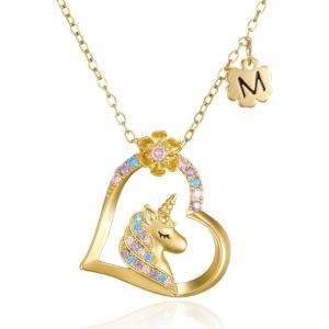 imageSWEETV Hypoallergenic Unicorn Necklace for Girls  18K Gold Plated Cubic Zirconia Initial Heart Pendant Unicorn Jewelry Gifts for BirthdayChristmasGold