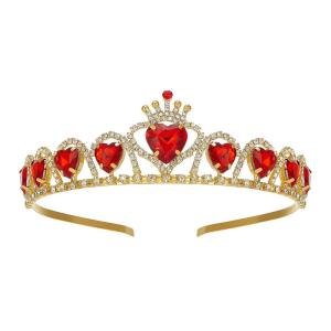 imageSWEETV Red Princess Tiara for Girls Birthday Crown Gift for Kids Crystal Heart Tiara Headband Child Costume Headpiece Dress up Accessories for Cosplay Party HalloweenRed