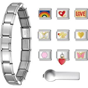 imageSWEETV Stainless Steel 18 Link Polish Italian Charm Bracelet with 1Pcs Starter Brascelet 9Pcs Charms and Opening Tools Classic 9mm Modular Charm Personalized Jewelry GiftBSilver