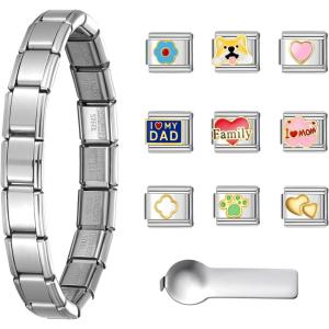 imageSWEETV Stainless Steel 18 Link Polish Italian Charm Bracelet with 1Pcs Starter Brascelet 9Pcs Charms and Opening Tools Classic 9mm Modular Charm Personalized Jewelry GiftFamilySilver