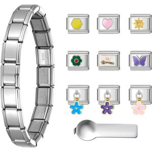 imageSWEETV Stainless Steel 18 Link Polish Italian Charm Bracelet with 1Pcs Starter Brascelet 9Pcs Charms and Opening Tools Classic 9mm Modular Charm Personalized Jewelry GiftCSilver