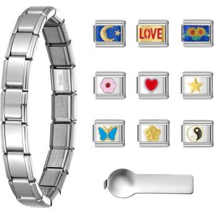 imageSWEETV Stainless Steel 18 Link Polish Italian Charm Bracelet with 1Pcs Starter Brascelet 9Pcs Charms and Opening Tools Classic 9mm Modular Charm Personalized Jewelry GiftASilver