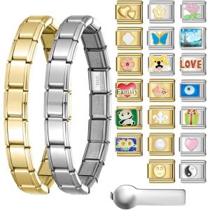 imageSWEETV Stainless Steel 18 Link Polish Italian Charm Bracelet with 1Pcs Starter Brascelet 9Pcs Charms and Opening Tools Classic 9mm Modular Charm Personalized Jewelry Gift20pcs Charm Set