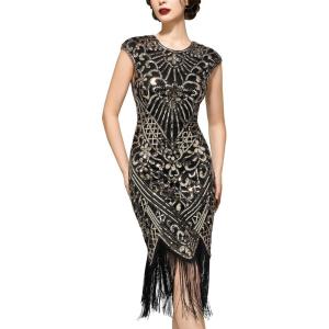 imageSWEETV Womens Flapper Dresses 1920s Great Gatsby Dresses Sequin Fringed Roaring 20s Cocktail DressBlackgold