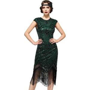 imageSWEETV Womens Flapper Dresses 1920s Great Gatsby Dresses Sequin Fringed Roaring 20s Cocktail DressBlackgreen