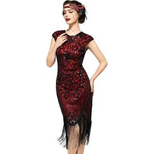 imageSWEETV Womens Flapper Dresses 1920s Great Gatsby Dresses Sequin Fringed Roaring 20s Cocktail DressBlackred