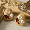 imageSWEETV Vintage Gold Statement Stud Earrings for Women Trendy Antique Enamel Chunky Pearl Earrings Big Crystal Earrings for Fashion Prom Jewelry GiftsBrown