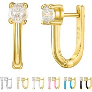 imageSWEETV 14K Gold Plated 925 Sterling Silver Huggie Earrings for Women Gold Small Stud Cuff Earrings Women Cubic Zirconia Womens CZ Jewelry Gift02Gold