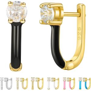 imageSWEETV 14K Gold Plated 925 Sterling Silver Huggie Earrings for Women Gold Small Stud Cuff Earrings Women Cubic Zirconia Womens CZ Jewelry Gift04Black