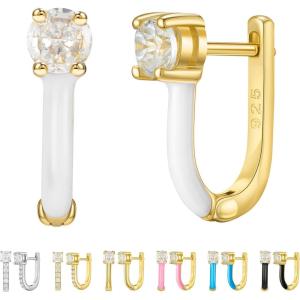 imageSWEETV 14K Gold Plated 925 Sterling Silver Huggie Earrings for Women Gold Small Stud Cuff Earrings Women Cubic Zirconia Womens CZ Jewelry Gift05White