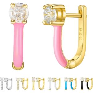 imageSWEETV 14K Gold Plated 925 Sterling Silver Huggie Earrings for Women Gold Small Stud Cuff Earrings Women Cubic Zirconia Womens CZ Jewelry Gift06Pink