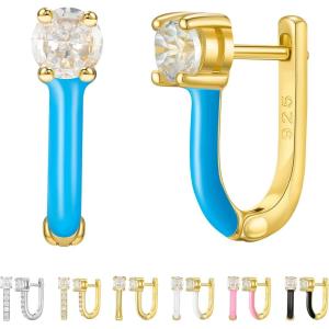 imageSWEETV 14K Gold Plated 925 Sterling Silver Huggie Earrings for Women Gold Small Stud Cuff Earrings Women Cubic Zirconia Womens CZ Jewelry Gift07Blue