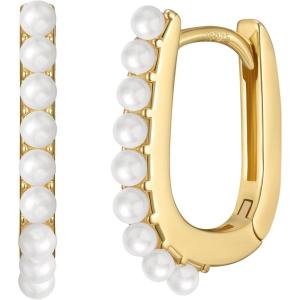 imageSWEETV 14K Gold Plated 925 Sterling Silver Post UShaped Square Hoop Earrings Rectangle Gold Hoop Earrings for Women Girls Cubic ZirconiaGoldPearl