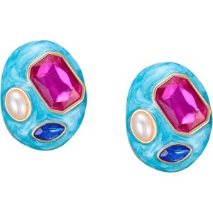 imageSWEETV Vintage Gold Statement Stud Earrings for Women Trendy Antique Enamel Chunky Pearl Earrings Big Crystal Earrings for Fashion Prom Jewelry GiftsBlue
