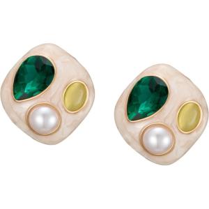 imageSWEETV Vintage Gold Statement Stud Earrings for Women Trendy Antique Enamel Chunky Pearl Earrings Big Crystal Earrings for Fashion Prom Jewelry GiftsWhite