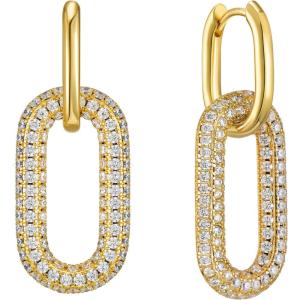 imageSWEETV 14K Gold Convertible Paperclip Earrings for Women Cubic Zirconia Dainty Link Huggie Hoop Earrings Frame Drop Dangle EarringsStyle2Gold