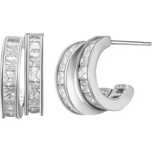 imageSWEETV 14K Gold Plated Huggie Hoop Earrings for Women Cubic Zirconia Double Huggie Open Hoop Earrings Statement Womens 925 Sterling Silver Post Stud Earrings Jewelry Gift01 Silver