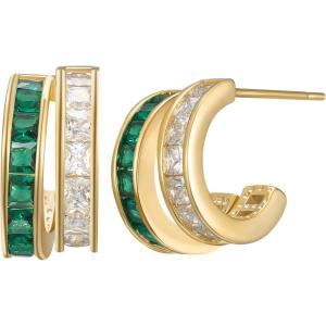 imageSWEETV 14K Gold Plated Huggie Hoop Earrings for Women Cubic Zirconia Double Huggie Open Hoop Earrings Statement Womens 925 Sterling Silver Post Stud Earrings Jewelry Gift02 Emerald
