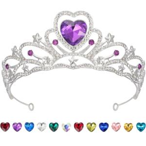 imageSWEETV Birthstone Crowns for Women Girls Heart Birthday Tiara Headband Silver Headpiece for BirthDay02FebPurple