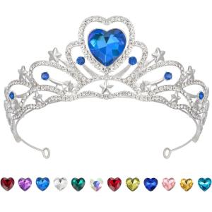 imageSWEETV Birthstone Crowns for Women Girls Heart Birthday Tiara Headband Silver Headpiece for BirthDay03MarBlue