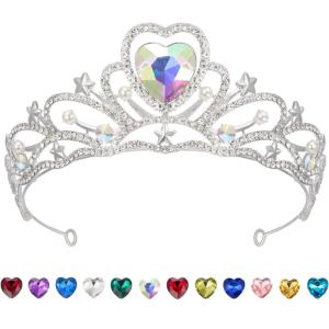 imageSWEETV Birthstone Crowns for Women Girls Heart Birthday Tiara Headband Silver Headpiece for BirthDay06 JunIridescentPearl