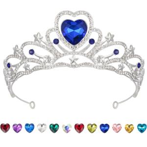 imageSWEETV Birthstone Crowns for Women Girls Heart Birthday Tiara Headband Silver Headpiece for BirthDay09 SepSapphire