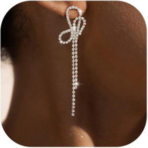 imageSWEETV Sparkly Rhinestones Earrings for Women Silver Crystal Bow Drop Dangle Tassel Earrings for Wedding Bridal Prom PartyStyle1Silver