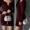 imageSWEETV Womens Rhinestone Bucket Bag Sparkly Sequin Evening Handbag Purse for FormalWeddingCocktailPromPartyClubSilver
