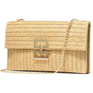 imageSWEETV Straw Purse Woven Beach Bag Summer Straw Clutch Purse Boho Crossbody Bags for Women Small Raffia Shoulder BagKhaki