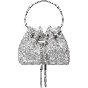 imageSWEETV Womens Rhinestone Bucket Bag Sparkly Sequin Evening Handbag Purse for FormalWeddingCocktailPromPartyClubSilver