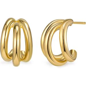 imageSWEETV Chunky Hoop Earrings for Women 925 Sterling Silver Post Triple Open Hoops Diameter 152030MMGold15mm