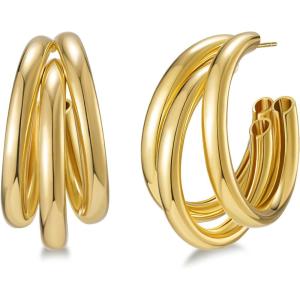 imageSWEETV Chunky Hoop Earrings for Women 925 Sterling Silver Post Triple Open Hoops Diameter 152030MMGold30mm