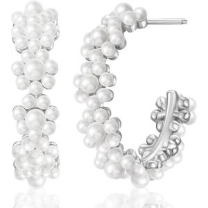 imageSWEETV Pearl Earrings for Women 14K Gold Plated Small Pearl Hoop Earrings Open Huggie Stud Earrings Jewelry Gift for Women Girls01 Silver