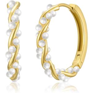 imageSWEETV Pearl Earrings for Women 14K Gold Plated Small Pearl Hoop Earrings Open Huggie Stud Earrings Jewelry Gift for Women Girls02 Gold
