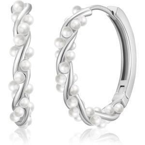 imageSWEETV Pearl Earrings for Women 14K Gold Plated Small Pearl Hoop Earrings Open Huggie Stud Earrings Jewelry Gift for Women Girls02 Silver